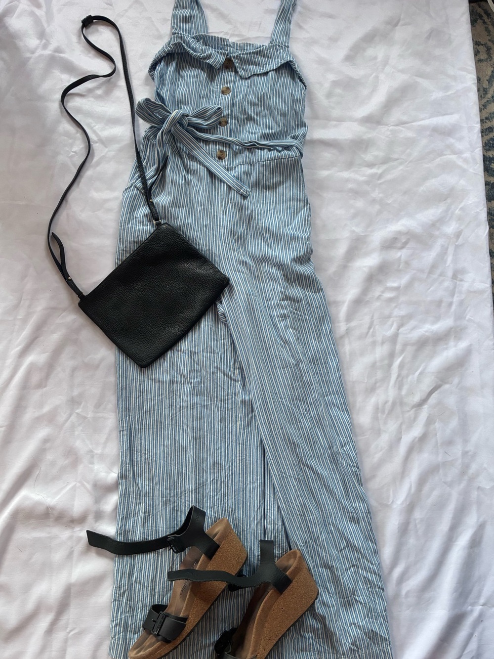 Linen Monteau Blue & White Striped Sleeveless Tie-Waist Jumpsuit - Picture 1 of 9
